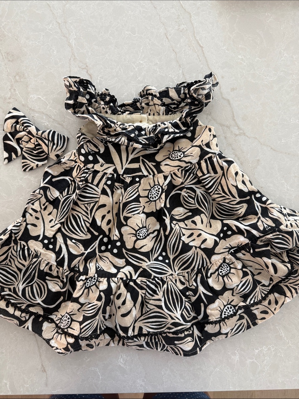 Tommy Bahama Black and Cream Floral Ruffle Top with Bow Accent 12-18mos